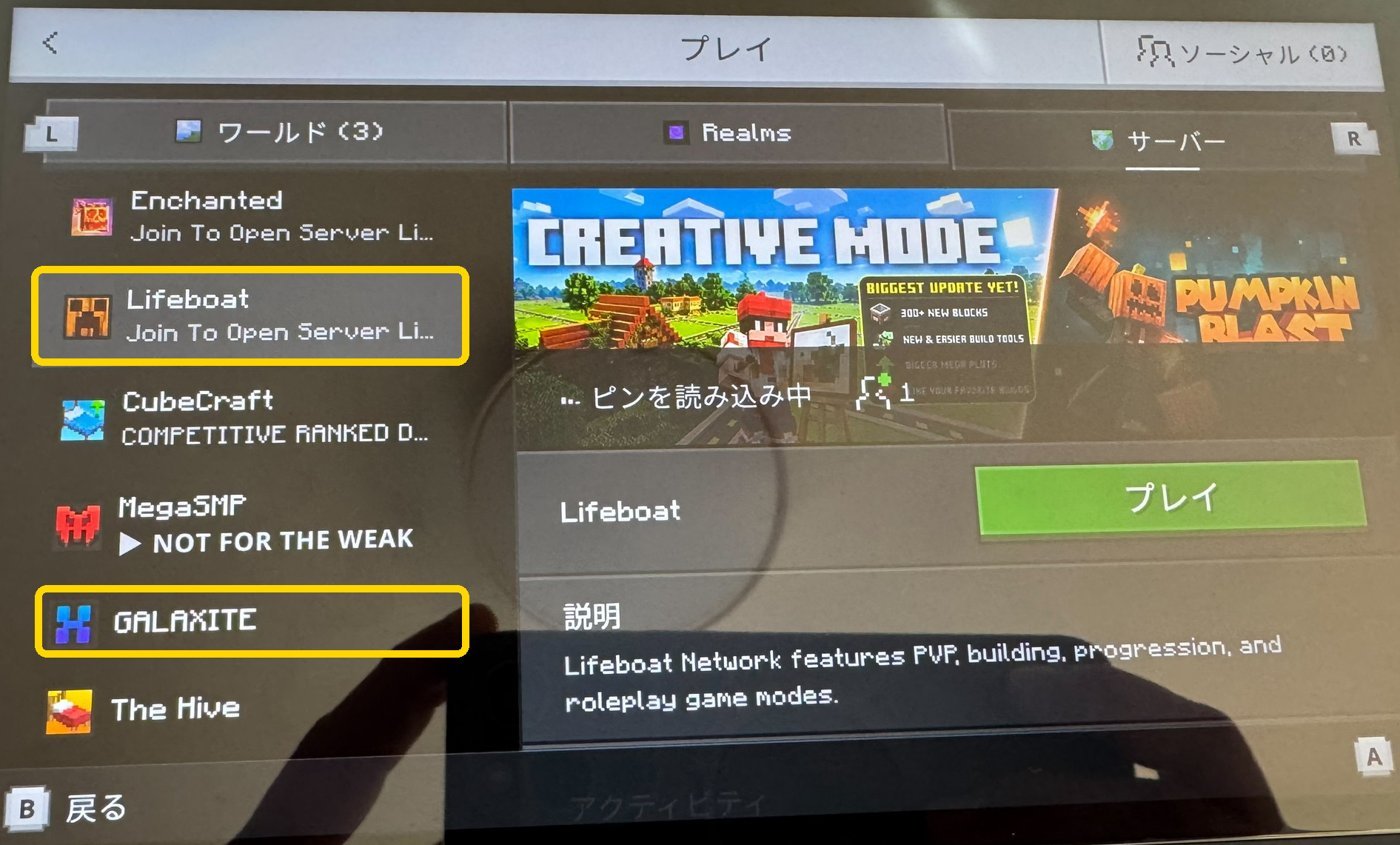 Switchのサーバー一覧。今入口として使えるLifeboatとGALAXITEを黄色の枠で囲んでいる